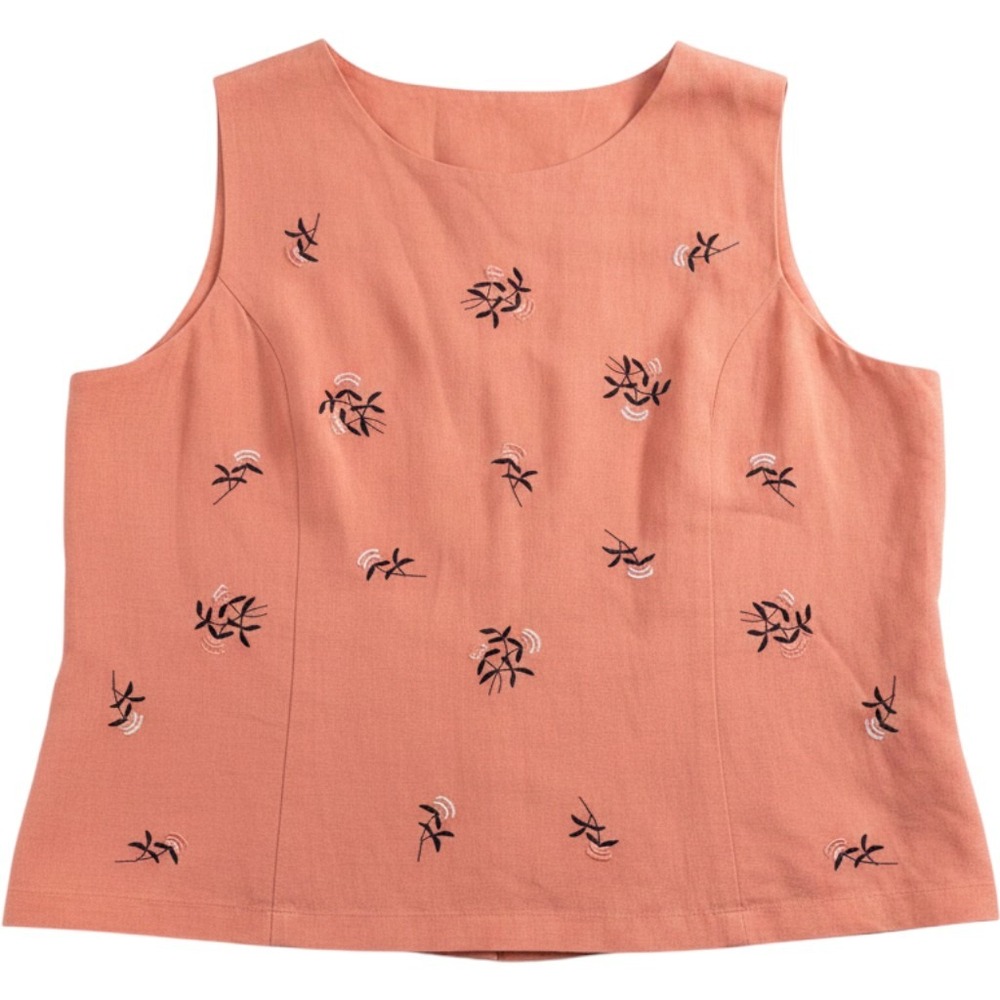 Jennifer Eden Coral Pink Embroidered Ramie Rayon Button Back Shell Top Size 14